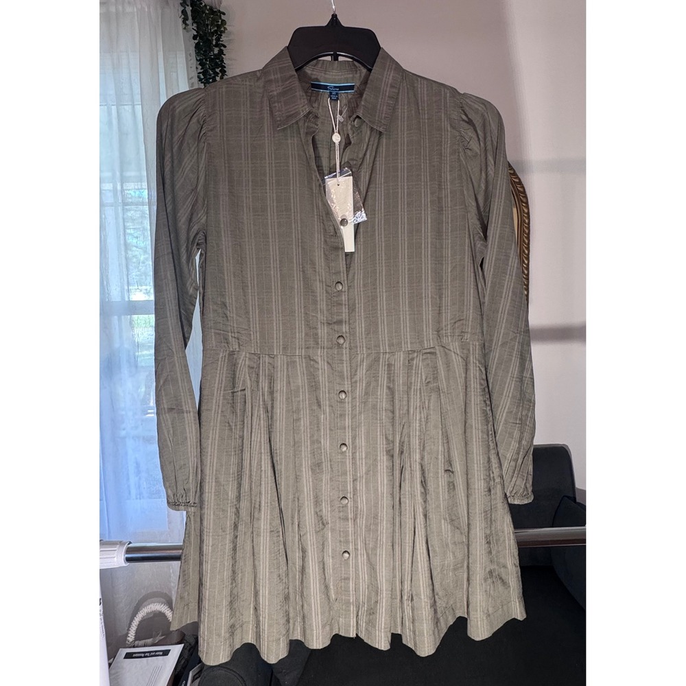 Shore Blakely Mini Dress Leaf Gingham Olive Green Cotton Button Front XS NEW